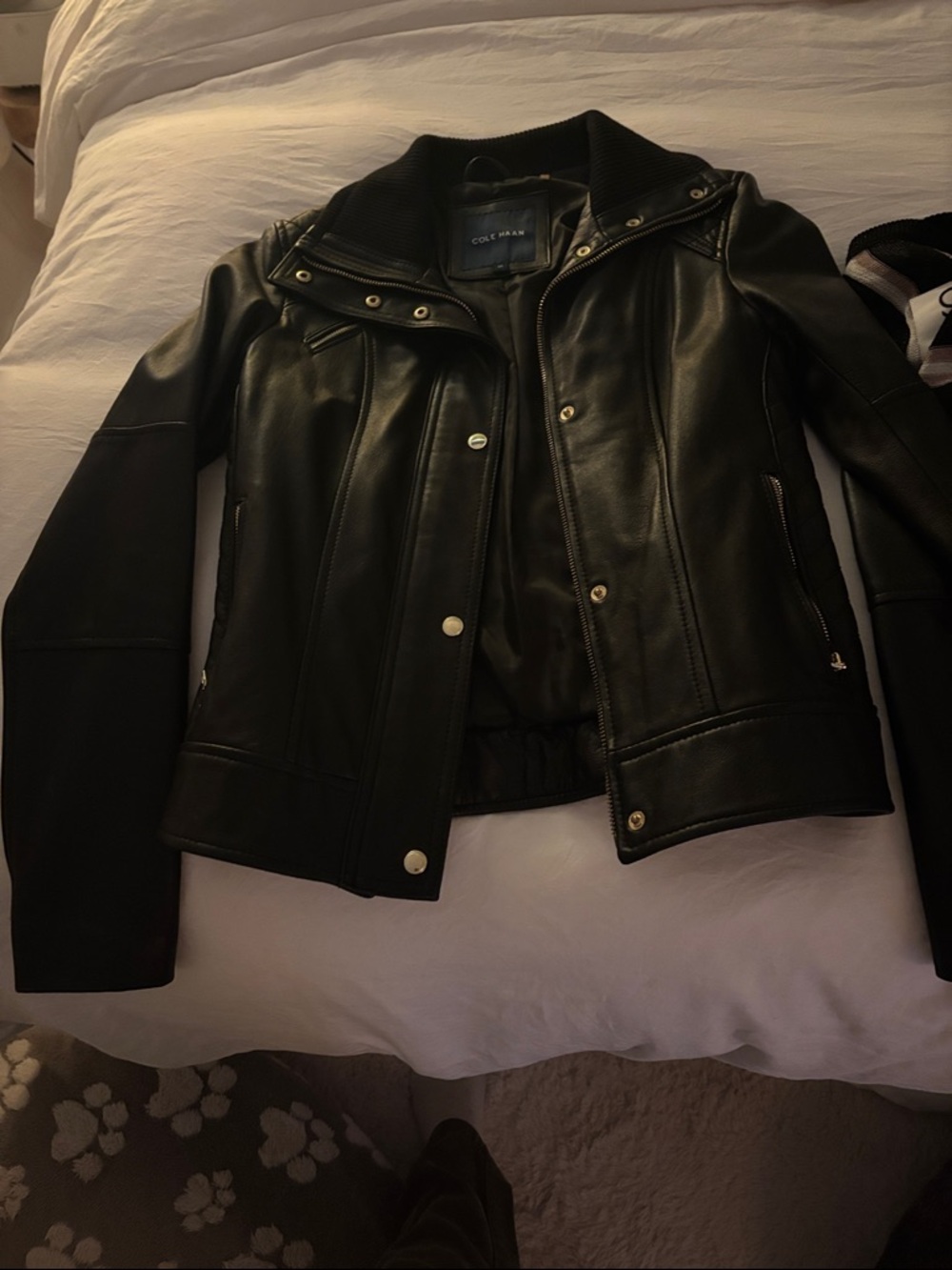 Cole Haan Black Leather Jacket with Rib-Knit Collar